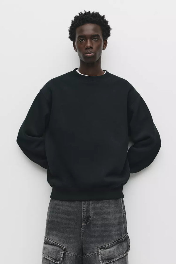 PULL&BEAR BASIC OVERSIZE ROUND NECK SWEATSHIRT - BLACK